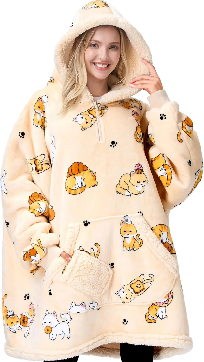 

Cozy Sherpa Fleece Hooded Blanket Sweatshirt for Women with Pockets & Sleeves - Beige Cat Print