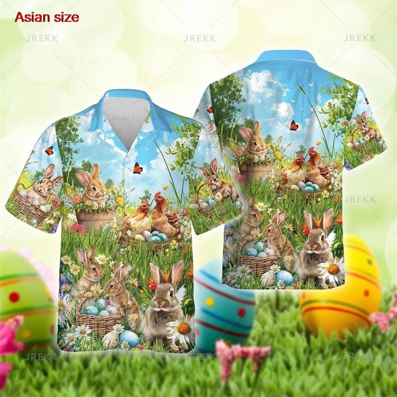 Summer 3D Cute Rabbits Eggs Happy Easter Day Print Man Shirts Fashion Funny Short Men Hawaiian Harajuku Tops Camisas De Hombre