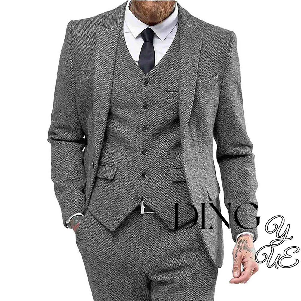 

Mens Tweed Herringbone Wedding Suit Prom Tuxedos 3 Piece Peak Lapel Dress