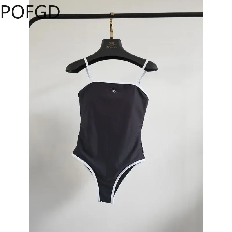 2024 New One Simple Black and White Color One-piece Swimsuit Women's High Sense Strap Swimsuit