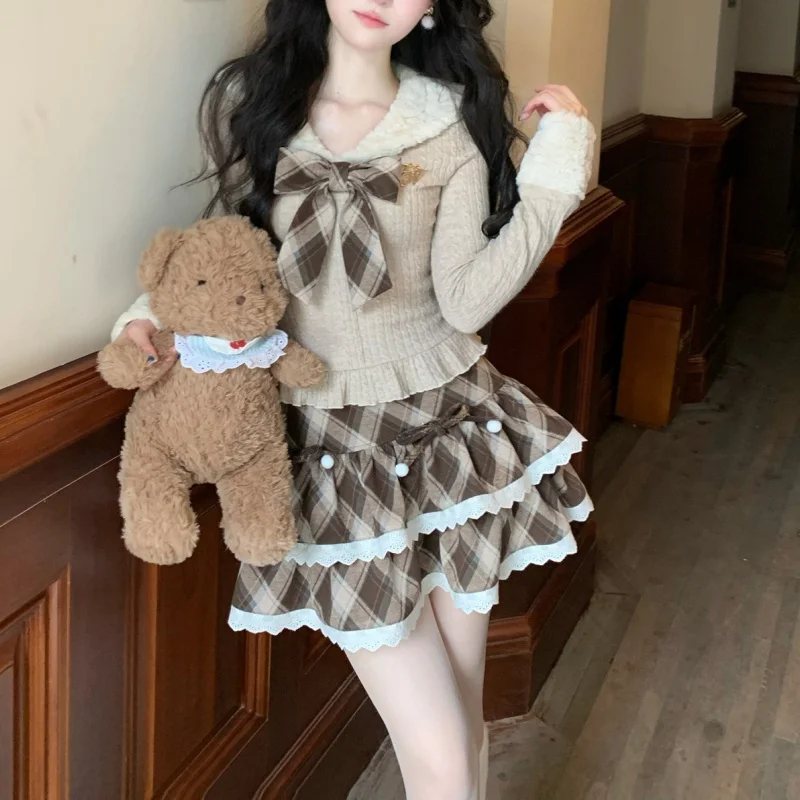 

Cute and Sweet College-Style Jk Uniform Set for Autumn and Winter, Very Beautiful and Gentle, with a Bowknot Top and Short Skirt Two-Piece Set
