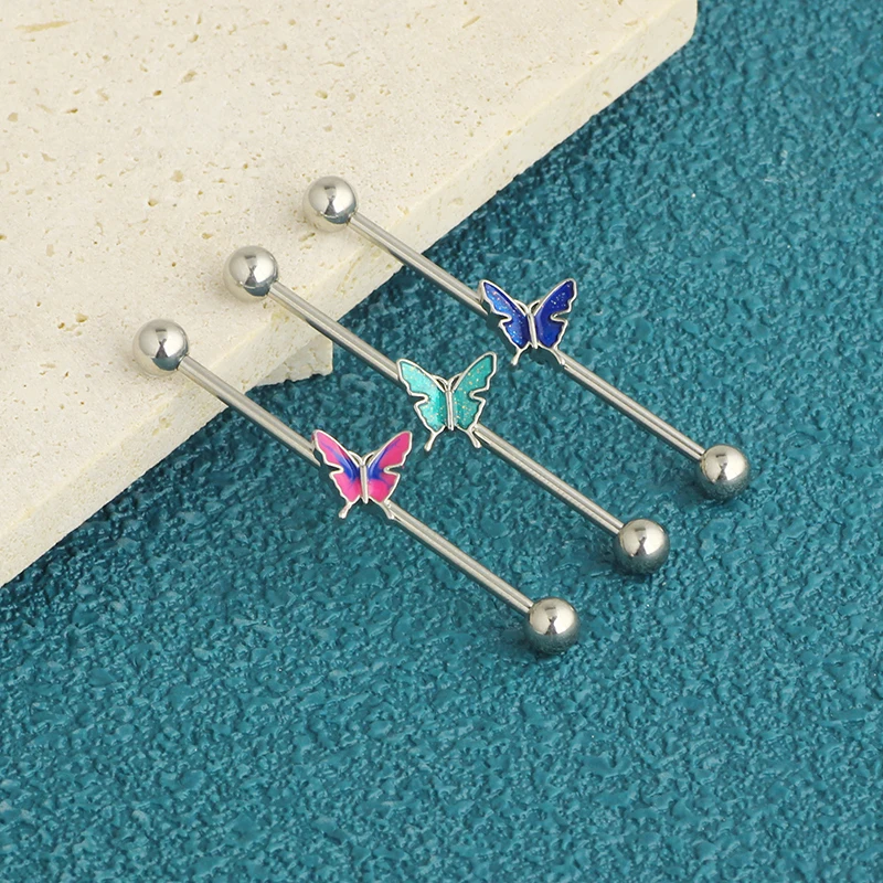 wholesales 3 colors butterfly industrial piercing stainless steel 14g industrial barbell earrings 50pcs factory cheap price 38mm