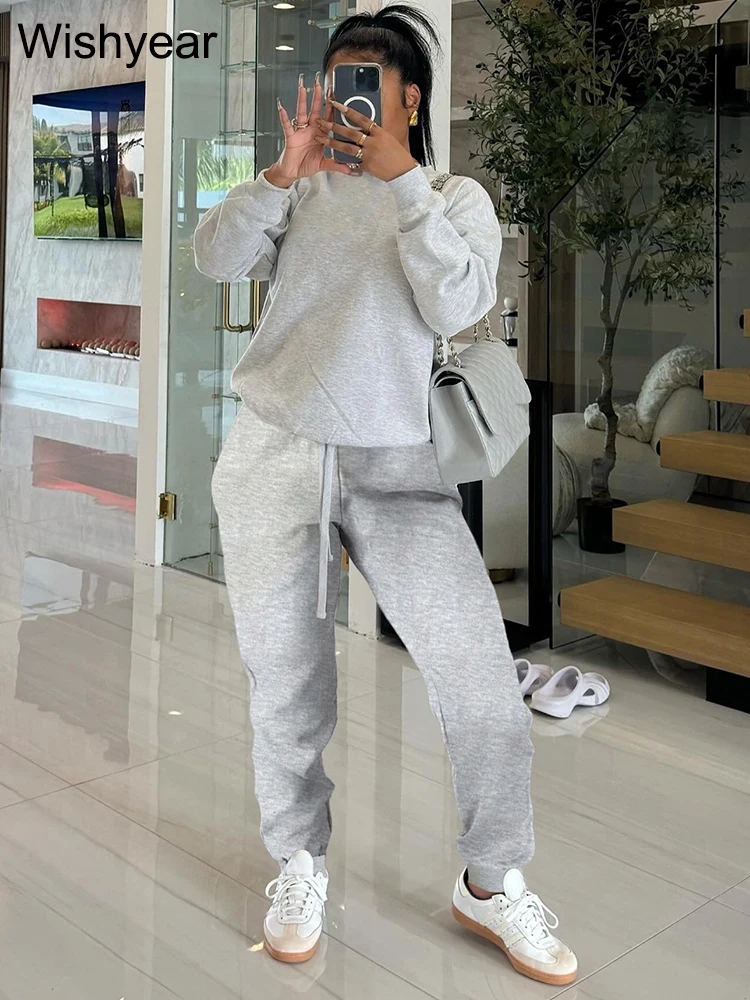 Solid Gray Tracksuit Women Two 2 Piece Pants Set Fall Winter Oversize Loose Sweatshirt Top and Jogging Sports Suit Fitness New