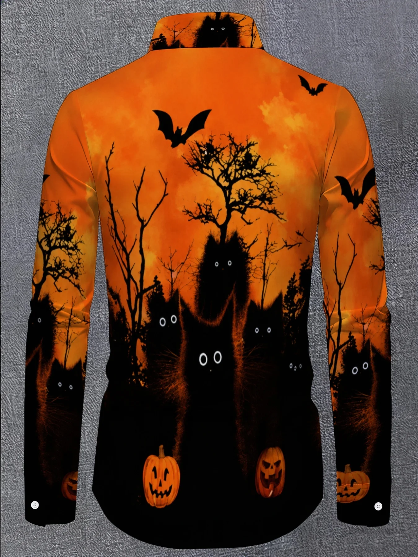 Men Long Sleeve Button Down Shirt Orange‑Black Halloween Ghost Bat Pumpkin Print Polyester Lapel Collar Party