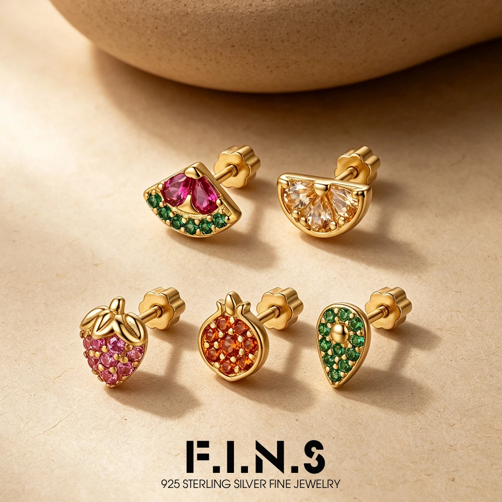 F.I.N.S Pendientes de Plata de Ley S925 con Forma de Fruta para Mujer, Tendencia de Moda, con Cierre de Rosca, Apilables, Accesorio de Joyería Fina