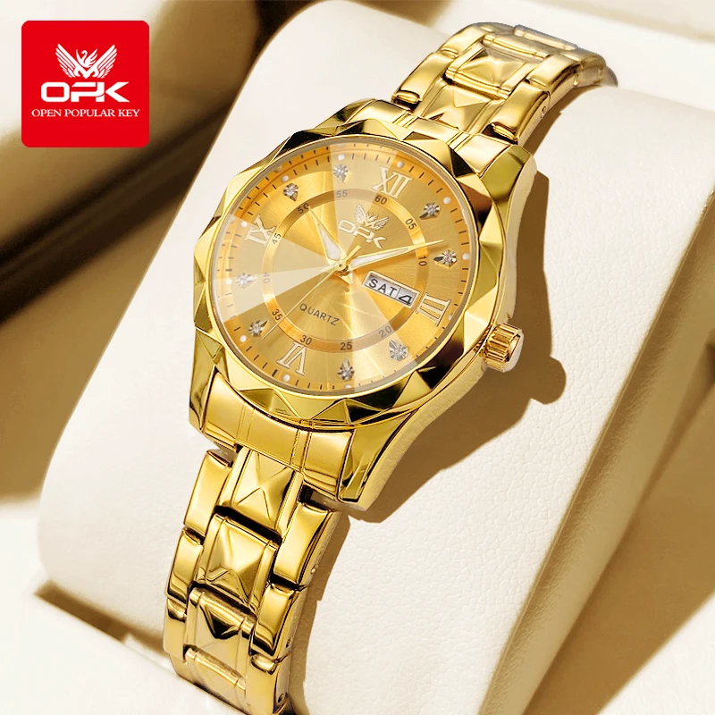 

Женские часы OLEVS 6023, взрослые роскошные золотые наручные часы с датой недели, водонепроницаемые кварцевые женские часы из нержавеющей стали