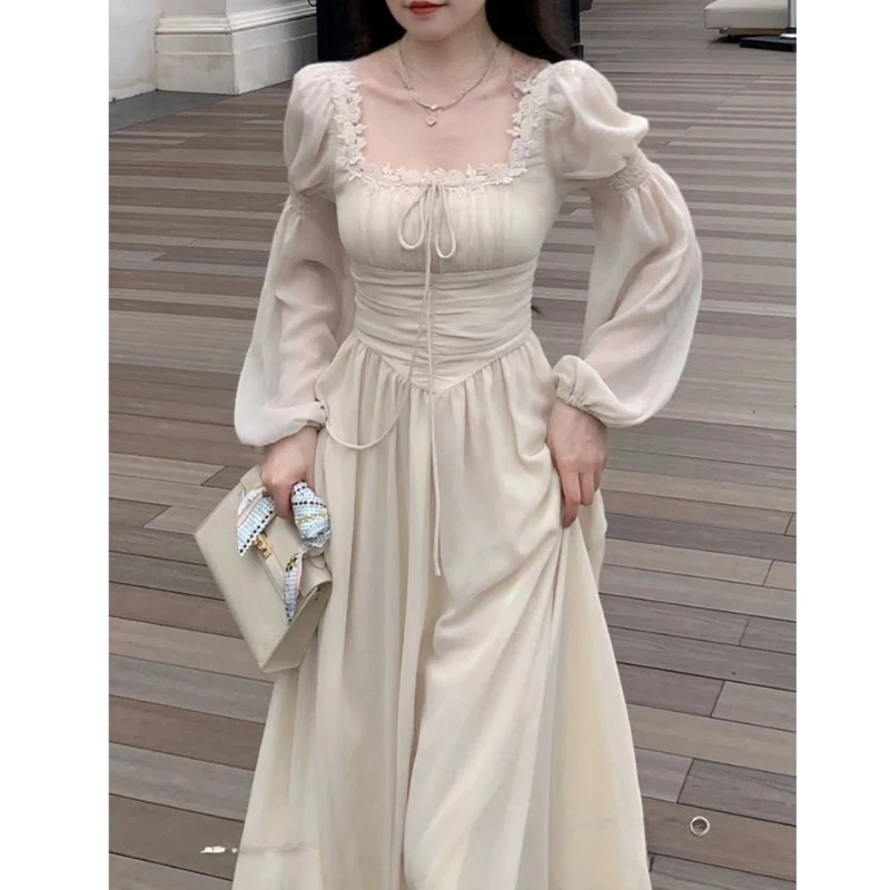 

Miiiix French Fashion Square Neck Dress Women's Early Spring Temperament Gentle Chiffon Long Sleeved Dress Female Clothing