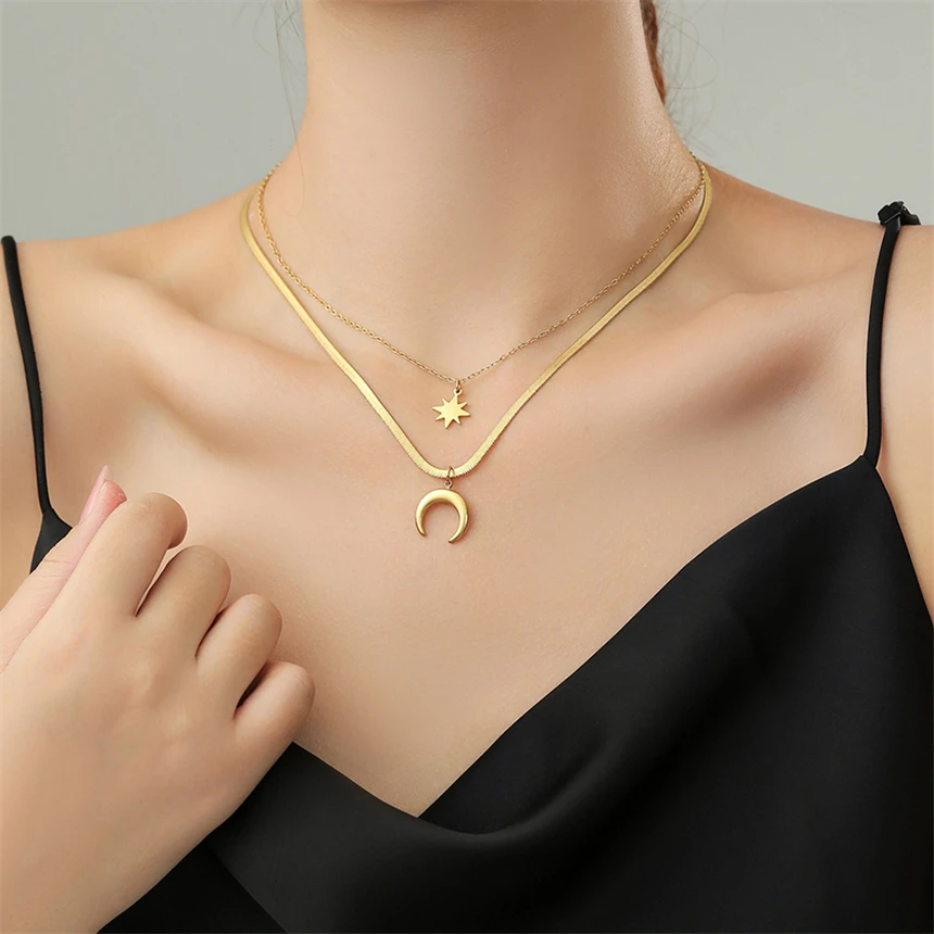 316L Stainless Steel Snake Bone Double Layer Chain Moon Star Pendant Necklace For Women Fashion Fine Jewelry Party Gifts N812
