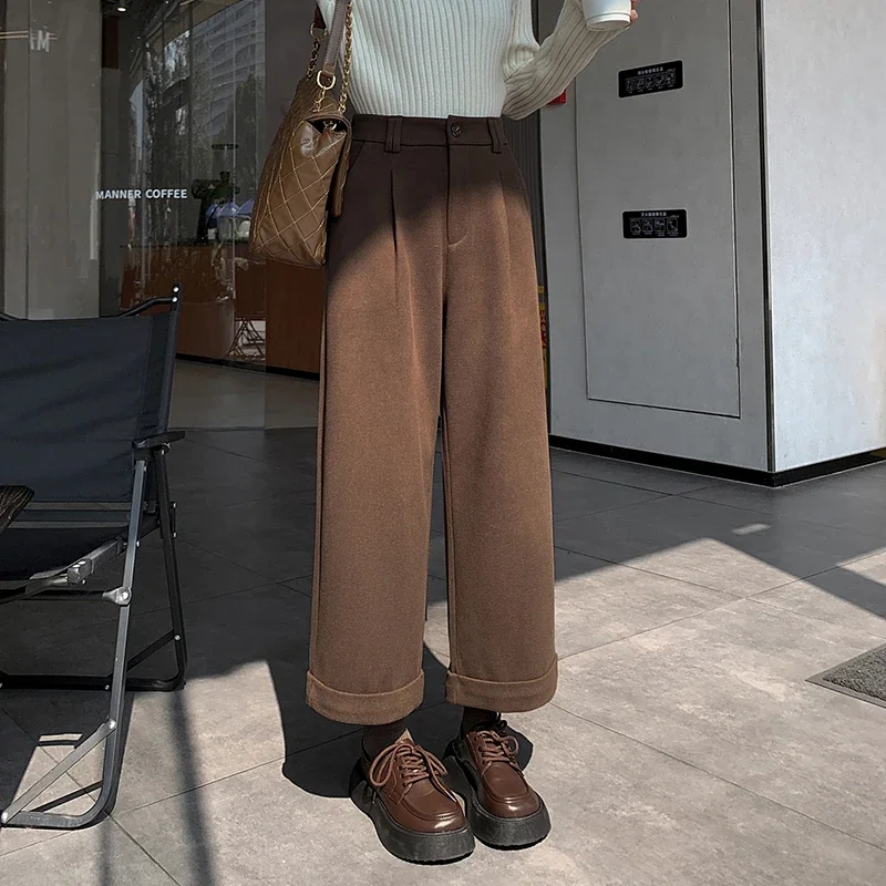 Miiiix Maillard Brown Straight Leg Suit Pants Women's Autumn and Winter New High Waisted Casual Woolen Thick Cropped Pants