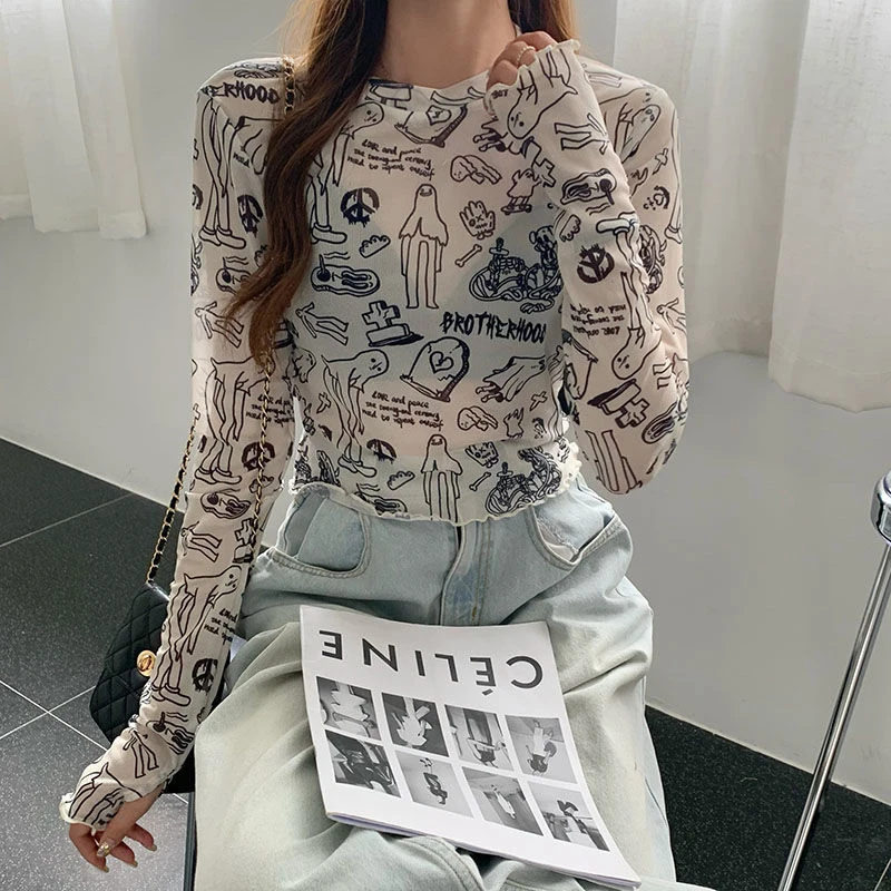 MEXZT Y2K Mesh Sheer T Shirts Women Streetwear Cartoon Print Crop Tops Korean Sexy See Through Long Sleeve Slim Chic Tees New