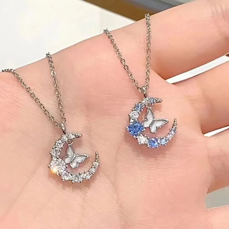 Korean New Butterfly Pendant Necklace for Women Fashion Sweet White Blue Zircon Moon Necklace Choker Chain Wedding Party Jewelry