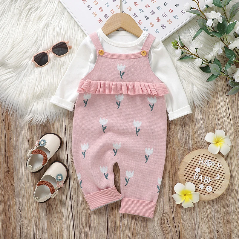 Girl Baby Rompers Knitted Newborn Kid Jumpsuit Sleeveless Infant Children Clothes Fashion Ruffles Pink Cute Tulip Sling Overalls