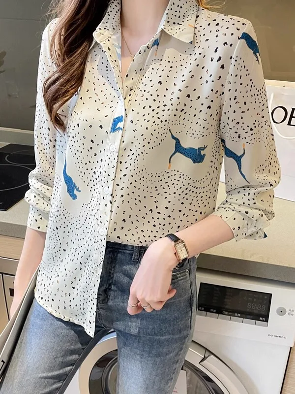 

Faionable Printed irt Women's Light Maturi Sle Satin Surface Early Autumn New Sle Slimming Ele Collar Blouse