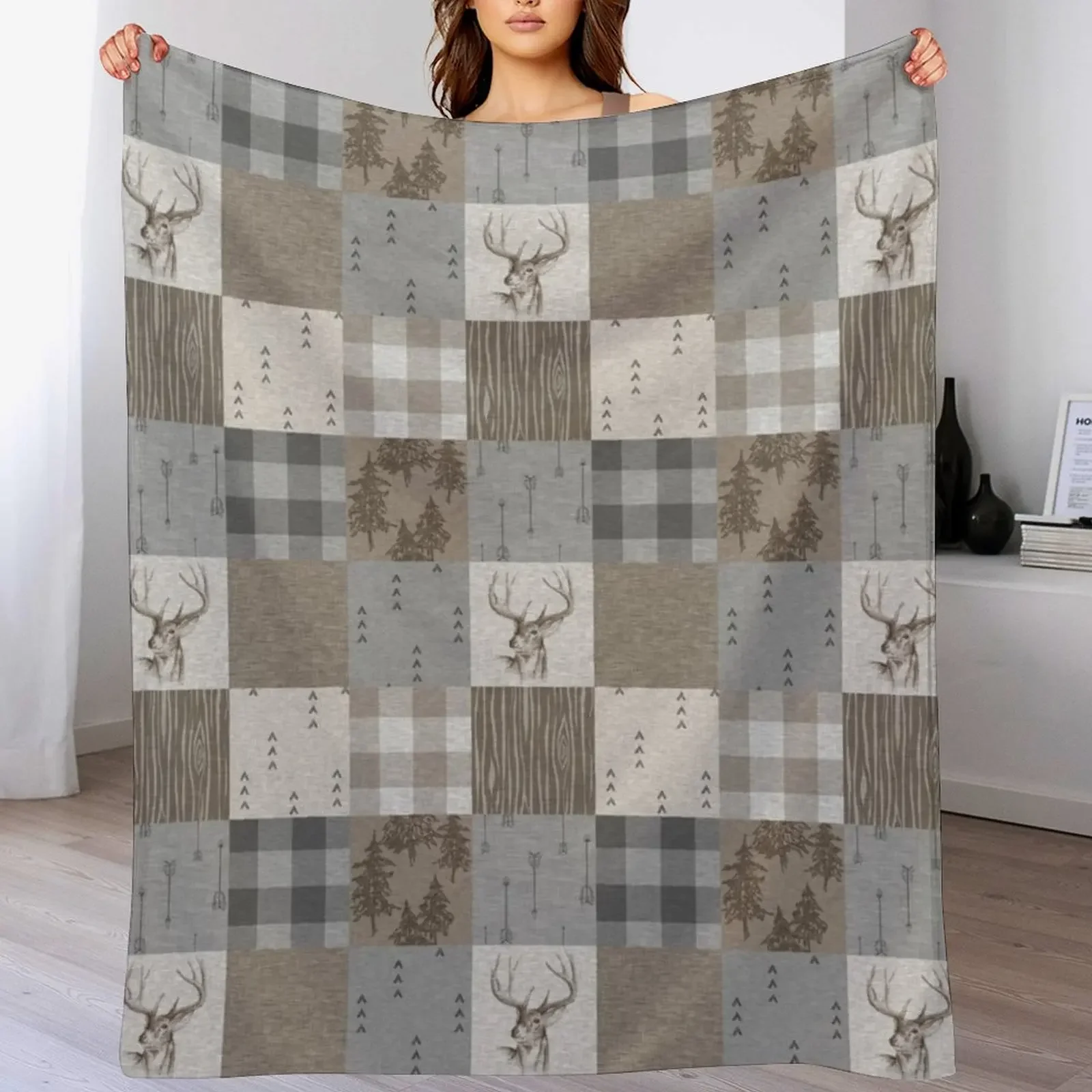 

Deer Patchwork - Rustic Neutrals Throw Blanket Heavy Decoratives For Sofa Thin Blankets