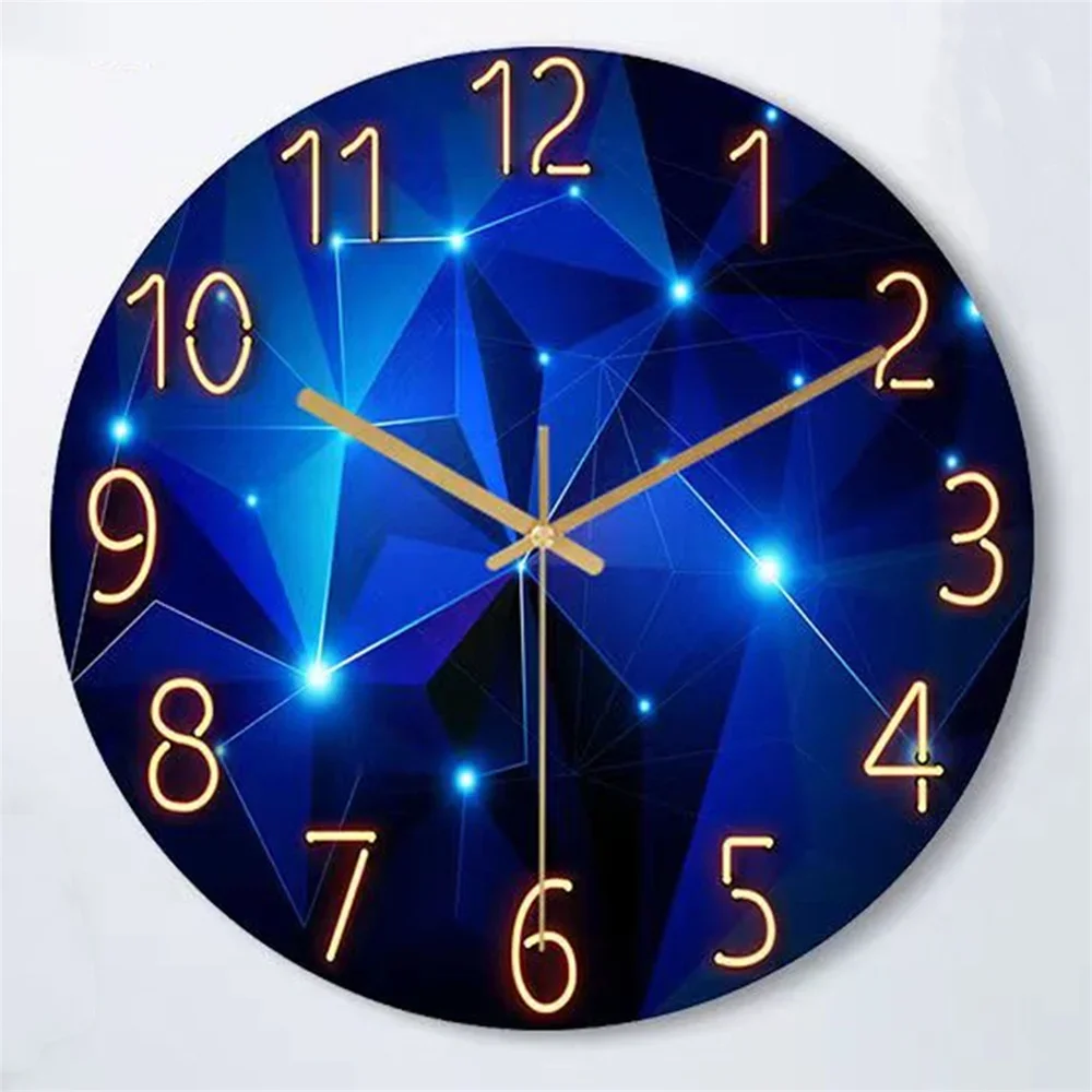 

12 inch Wall Clock Geometric Elements Dark Blue Thickened Tempered Glass Silent Dial Round Clock Living Room Home Decor Gift