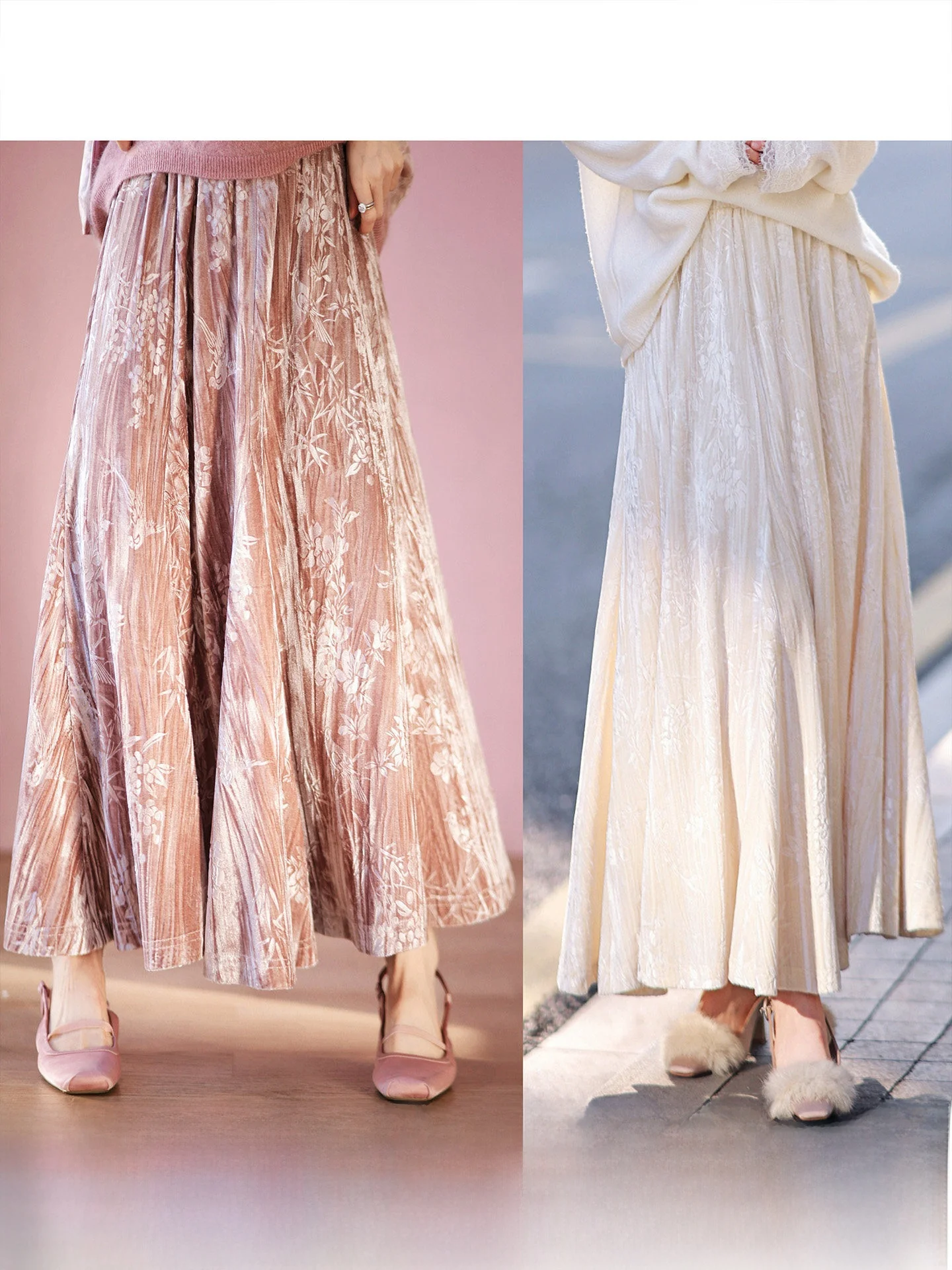 

Thick Velvet Pleated Half Skirt Elastic Waist Vintage Style Women's Warm Polyester Blend Standard Fit Winter Collection