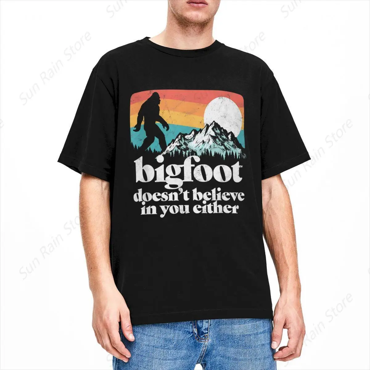 Bigfoot Doesn't Believe In You Either Funny Sasquatch T Shirts Men Cotton Awesome T-Shirts Sarcastic Joke Tees Tops Gift Idea