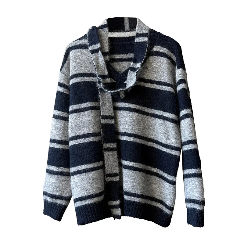 WHTREND Farbblock-gestreifter Pullover mit V-Ausschnitt für Damen, Herbst und Winter, locker gestricktes High-End-Pullover