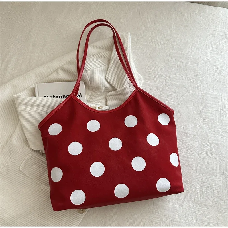 Koreanische Schultertasche mit Polka-Dot-Muster, Vintage-Kunsthandwerkliche Canvas-Tragetasche für Damen, lässige Alltagstasche mit Henkel. – Detail 24