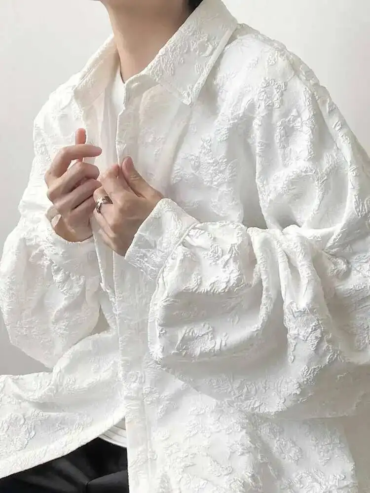 2XL White Crumpled Jacquard Shirt Loose Fashion Solid Color Casual Turn-Down Collar Top New All-Match Bat Wing Sleeve P7W