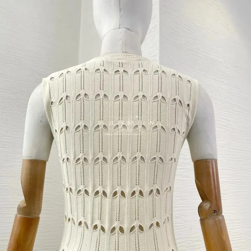 2025 High Quality New Women Summer Beige Hollow Knit Short Sleeve Hole Mini Dress for Holiday