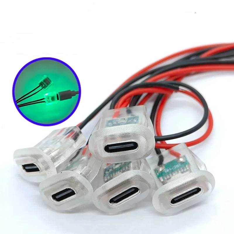 5PCS USB Type-C 2Pin Female Socket Glue-Filled Straight-Press Transparent With LED Oval Charging Port For Desk Lamp EV Car