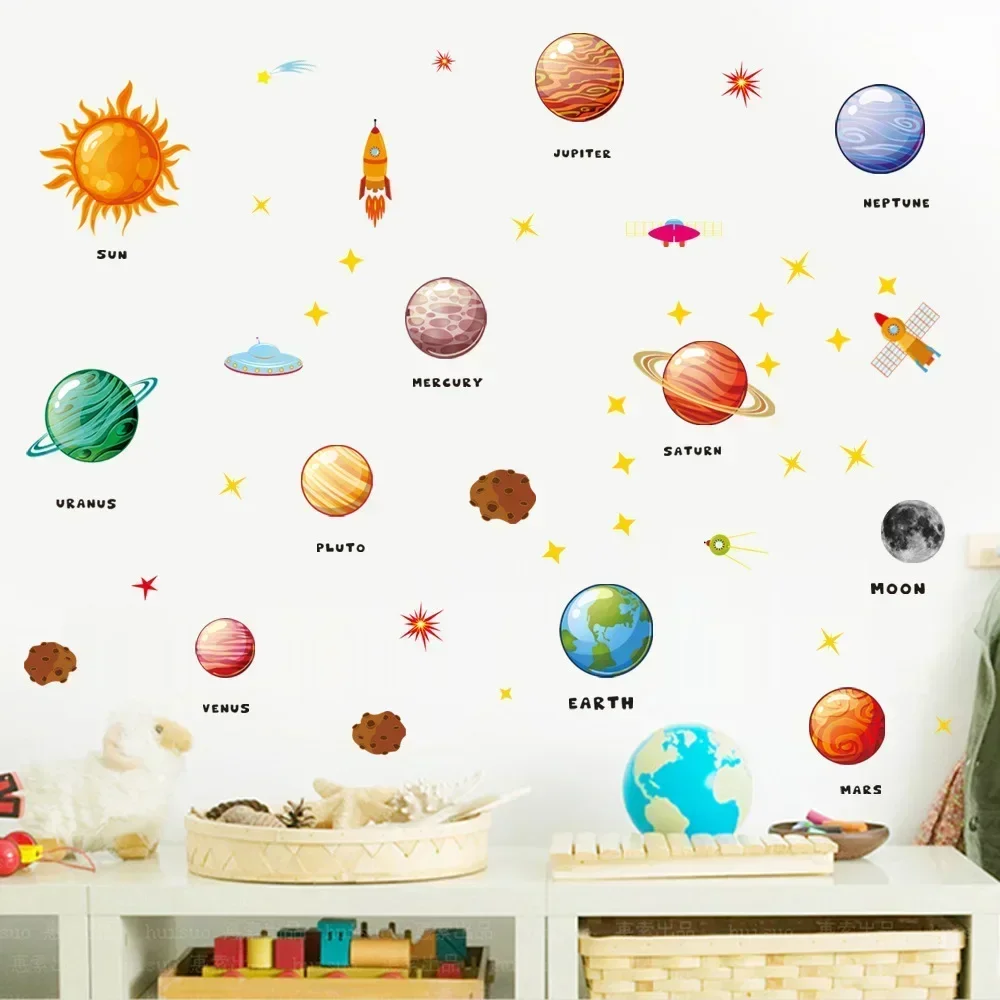 Cartoon Solar System Planets Wall Sticker Child Room Home Decoration Mural Wallpaper Bedroom Nursery Stickers Kids Gifts