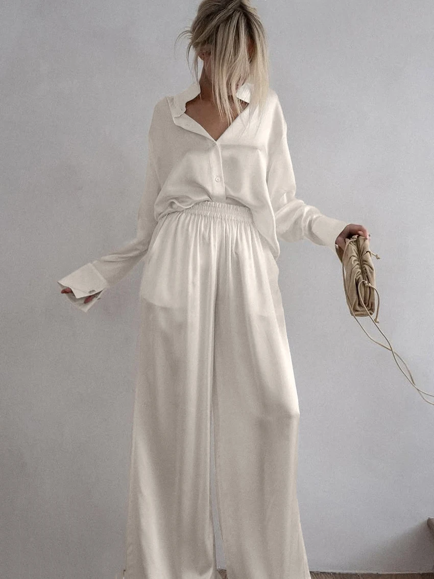 Marthaqiqi Loose Female Nightgowns Set Turn-Down Collar Sleepwear Long Sleeve Nightwear Pants Casual Women Pajamas 2 Piece Suits