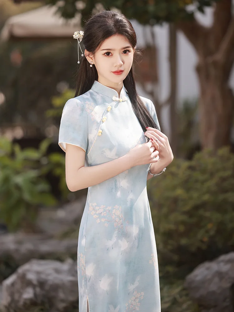 New Summer Dress Cheongsam Vintage Elegant Satin Print Floral Qipao Sexy Trim Split Vestidos Chinese Style Banquet Dress