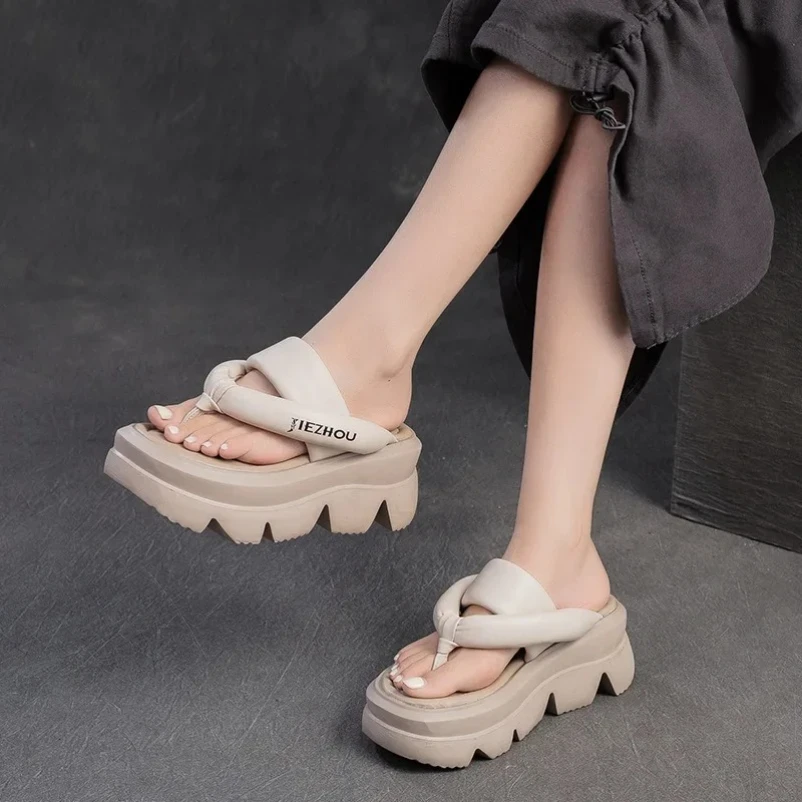 

2025 Sheepskin genuine leather retro casual minimalist sandals thick soled slippers height Increasing Shoes 7.5cm light