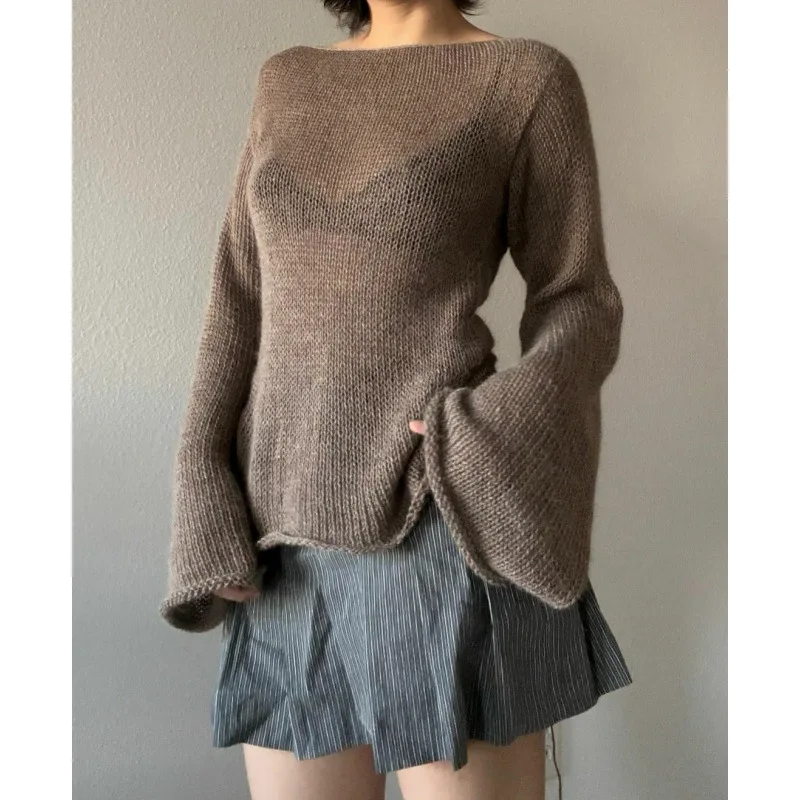 2025 Fashion Women's T-shirt Tie Back Sweaters Long Sleeve Boat Neck Solid Color Knit Pullover Casual Tops Streetwear Y2k