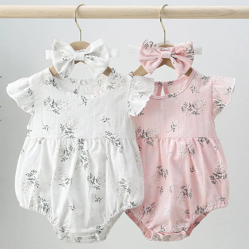 

2024 New Summer Newborn Baby Girl Jumpsuit+Hair band Flying Sleeve Cotton Print Infant Baby Girl Bodysuits Children Clothes