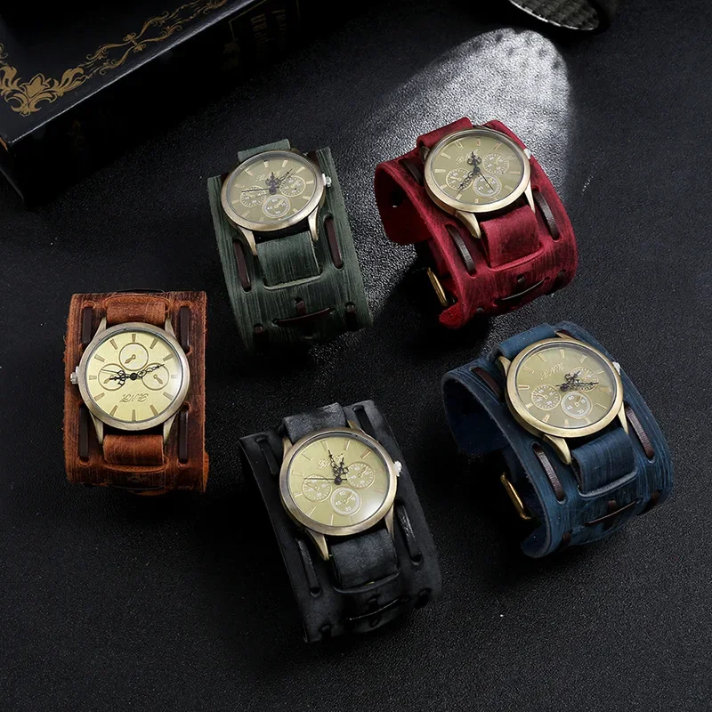 

Men's Watches Punk Retro Decorative Wide Strap Watch Male Clock Leather Bracelet Quartz Military Man WristWatch Men Watch