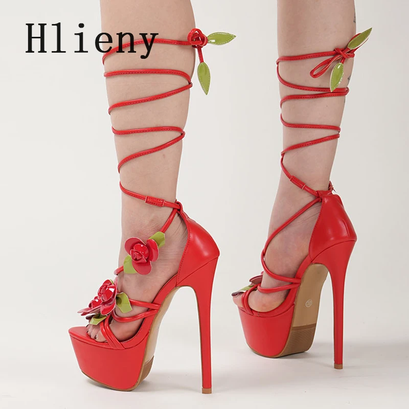 

Hlieny/летние пикантные женские сандалии с узким ремешком и красным цветком, модные вечерние туфли-лодочки на платформе с открытым носком, обувь для стриптиза