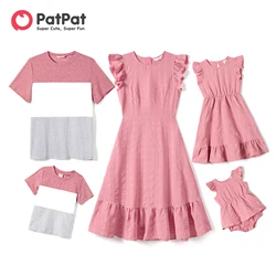 PatPat Family Matching Pink Ruffle-sleeve Texture Dresses and Color Block Short-sleeve T-shirts Sets