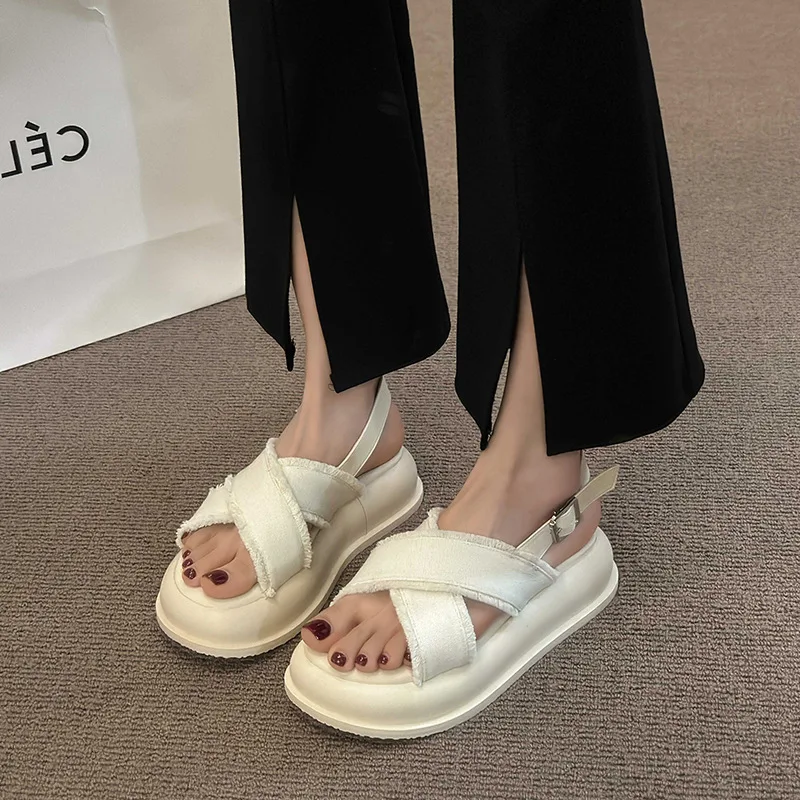 Fashion Womens Shoes 2024 Beach Sandals Summer Heels Suit Female Beige Luxury New Low Girls Comfort Denim Black Clear Clogs