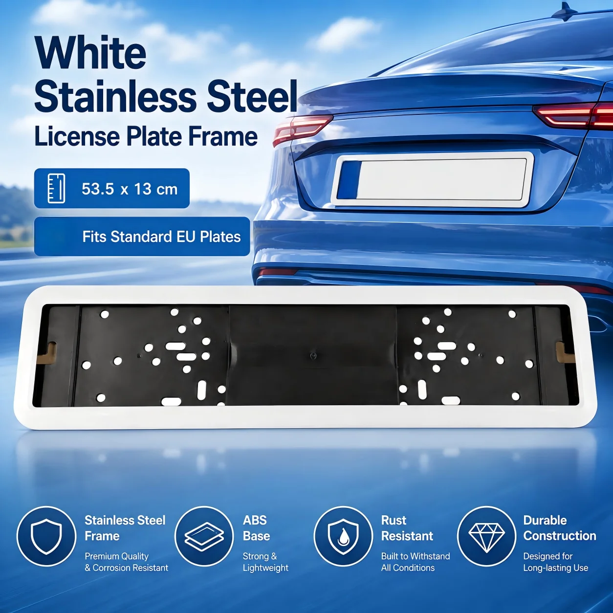 1PCWhite Stainless Steel Frame License Plate Holder. EU standard size: 53.5*13cm (21.1*5.1 in). Suitable for most vehicle