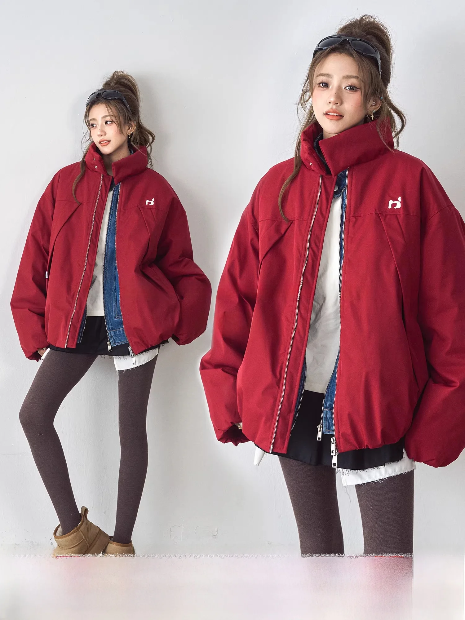 

Red Thiened Winter Cotton Jaet Women's Loose Casual Sle Stand Collar Warmth Street Sle Polyester Filling Zipper Closure