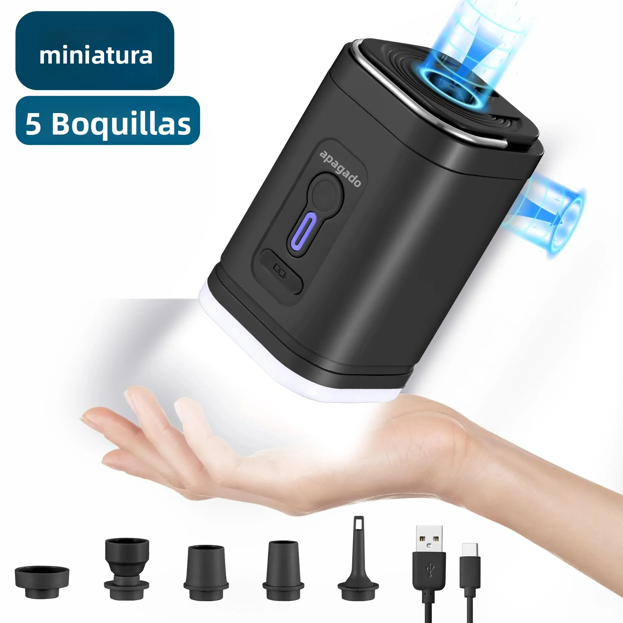 Mini bomba de aire portátil con batería de 1300mAh, recargable por USB para inflar y desinflar para flotadores de piscina, cama de aire y bolsas de almacenamiento al vacío