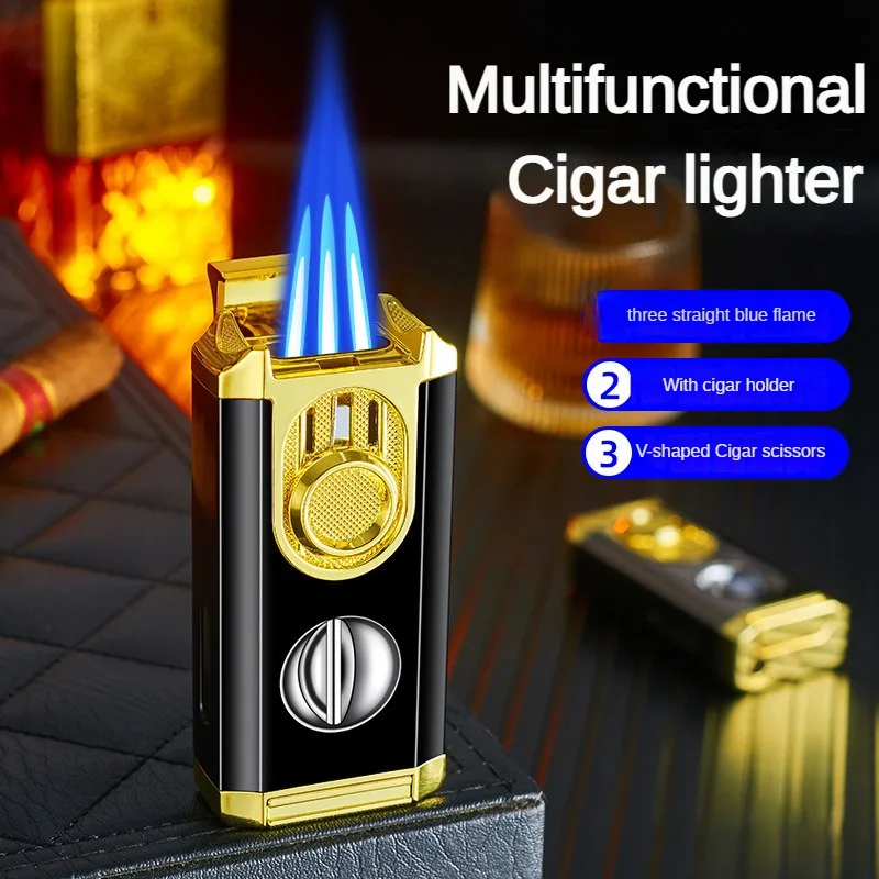 

Multi-functional Three Blue Flame Cigar Lighter Cigar Holder Design Butane Gas Lighter V-shaped Cigar Cutter Cigar Accessories