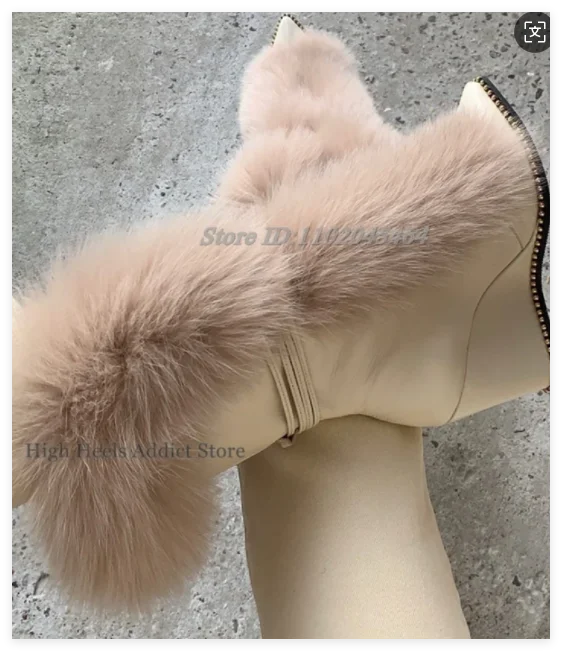 Black/Nude Fur Wedges Leather Mid Calf Boots 2024 Winter New in Warm High Heels Lace up Sexy Boot Big Size Designer Women Shoes