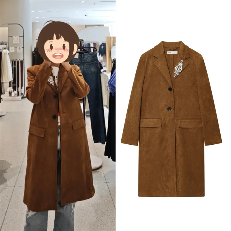 

Женское пальто, осень 2021, новый стиль, верблюжья замша с длинными рукавами и эффектом замши, пальто средней длины, куртка, повседневная мода