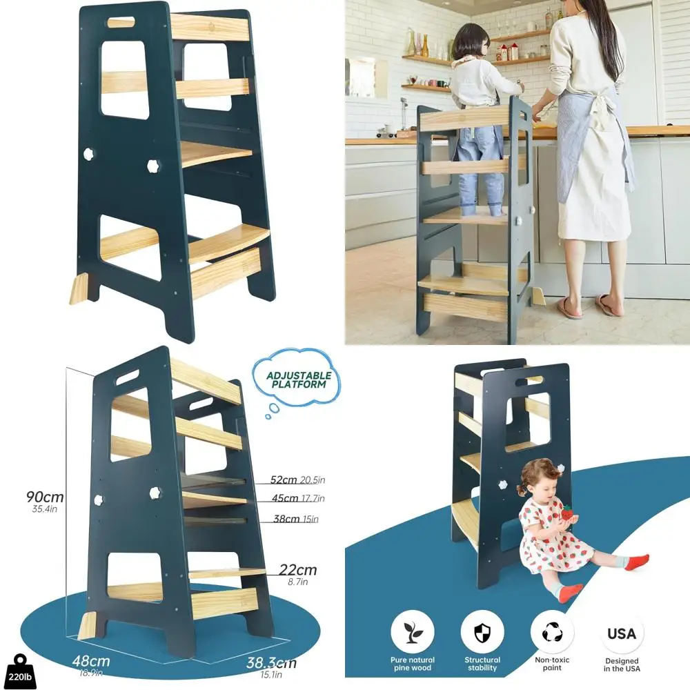 WOOD CITY Kitchen Step Stool - Safe Montessori Standing Tower for Kids with Safety Rail, Height Adjustable Toddler Ideal Helper