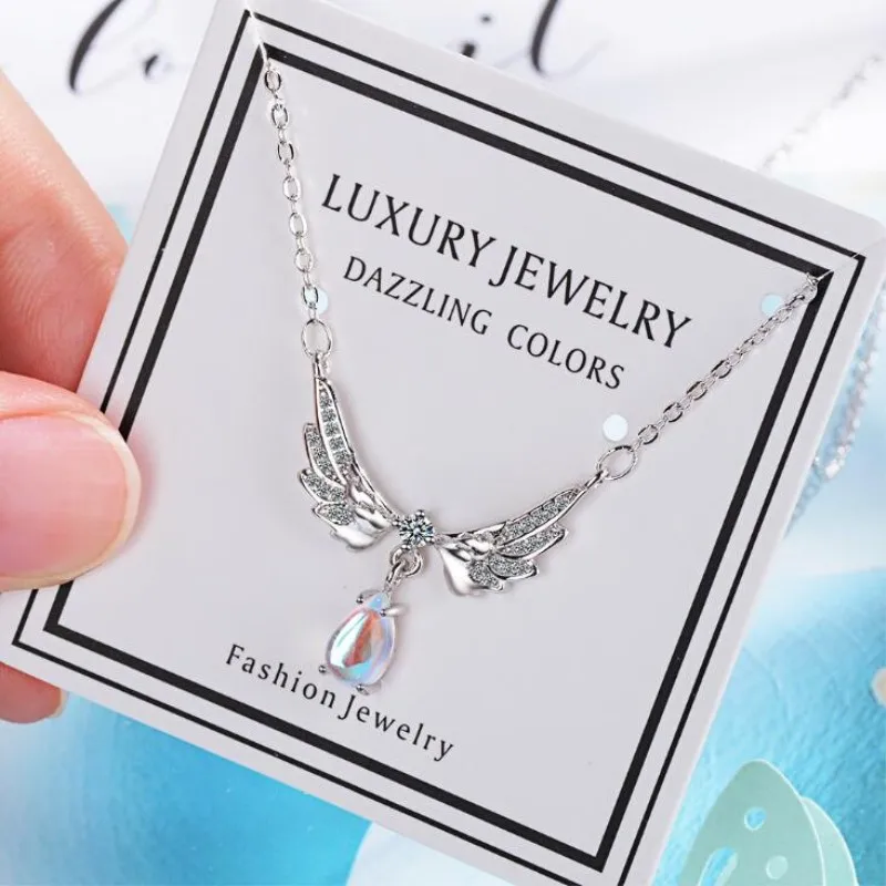 Temperament Exquisite New Fashion Angel Wings 925 Sterling Silver Jewelry Moonstone Wild Clavicle Chain Pendant Necklaces XL204