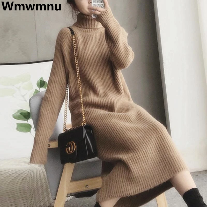 Turtleneck Loose Knitted Sweater Dress Korean Knitwear Long Dresses Thick Elegant Casual Vestidos Women Fall Winter New Robe