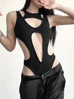 Mall Gothic Hollow Out Sexy Bodysuits Techwear Fashion Y2k Patchwork Tops Women Grunge Backless High Cut Slim Bodysuit - Image 2