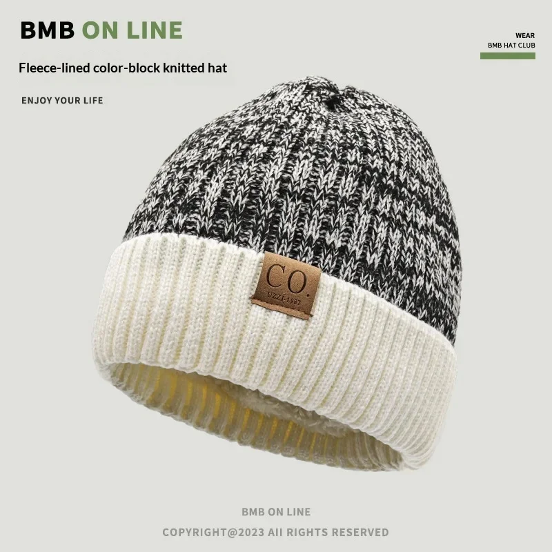 

Вязаная шапка-бини на флисовой подкладке с цветными блоками, термозимняя шапка с ушками, толстая теплая шапка унисекс для уличной холодной погоды