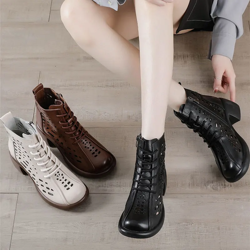 Summer Thick Heeled Genuine Leather Boots For Women's Retro Hollow Ankle Sandals Soled Genuine Leather Cool Perforated Shoes