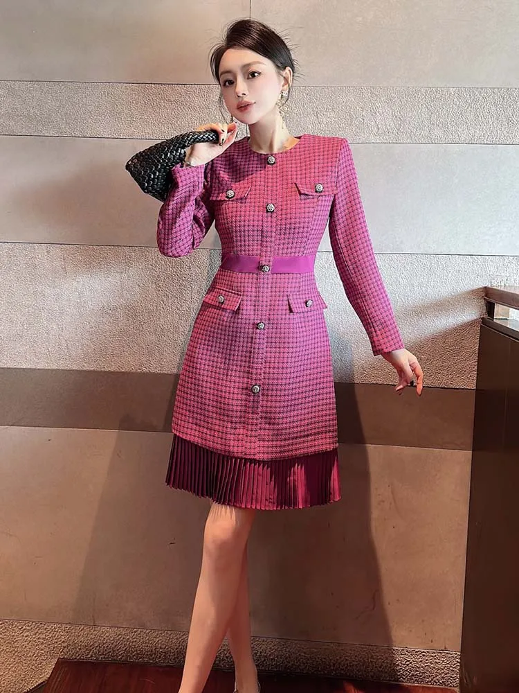 ZJYT Designer Elegant Women\'s Autumn Tweed Dress Long Sleeve 2024 Fashion Plaid Pleated Casual Dress Female Clothing Vestidos