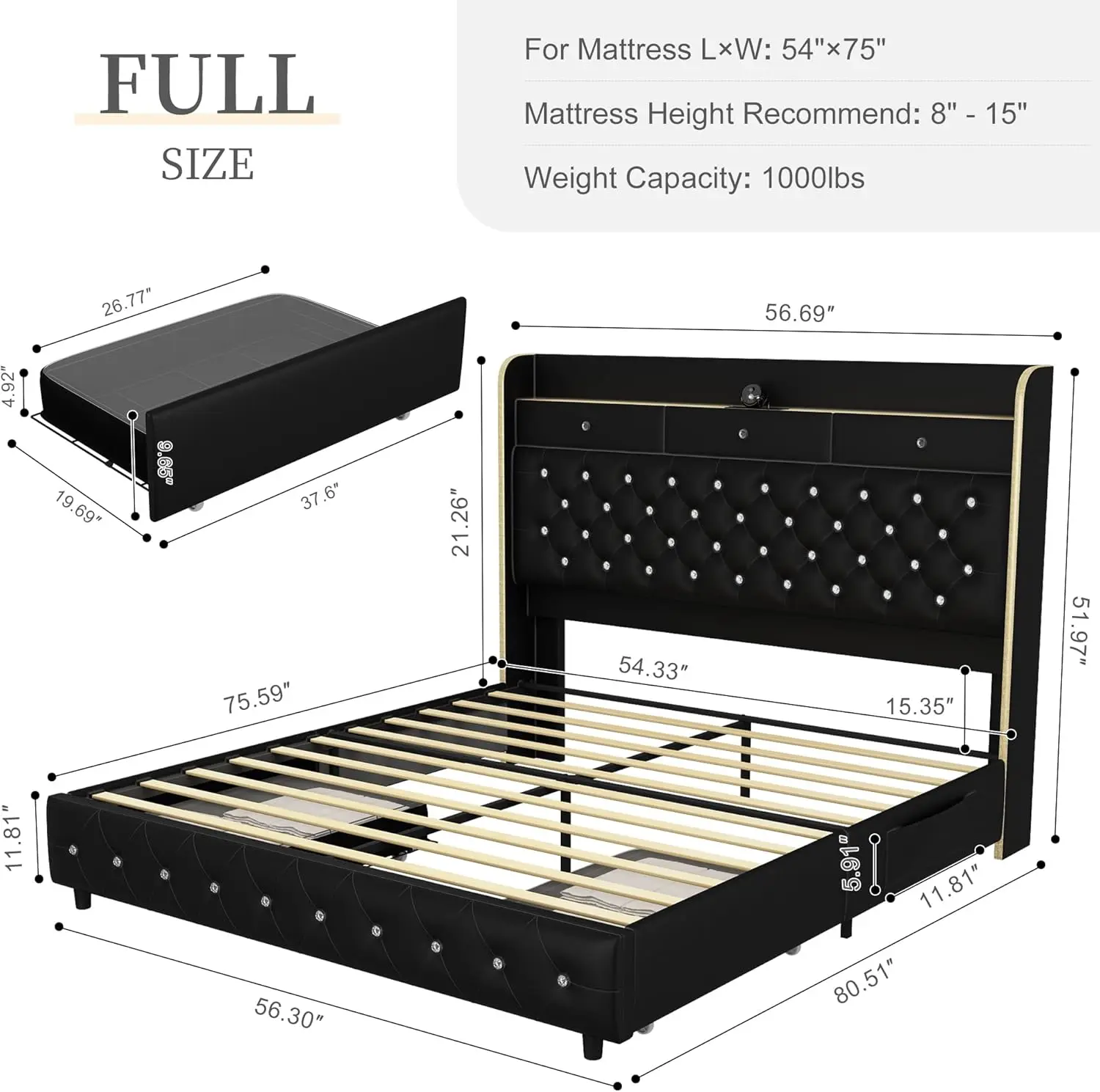 Full Led Bed Frame With Galaxy Aurora Star Projector, Full Size Platform Bed With 2 Storage Drawers, 52